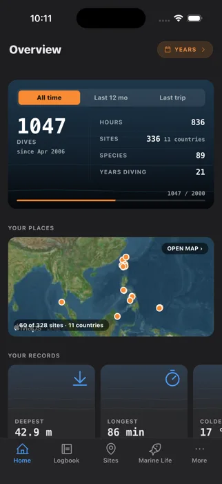 Skooba's Overview screen on iPhone, showing dive stats and a map of dive sites